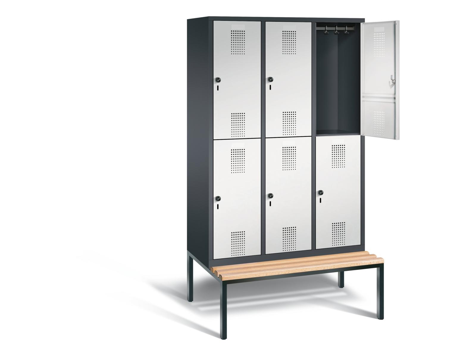 Spind doppelstöckig S3000 Evolo mit Sitzbankuntergestell - 3 Abteile 400mm Abteilbreite