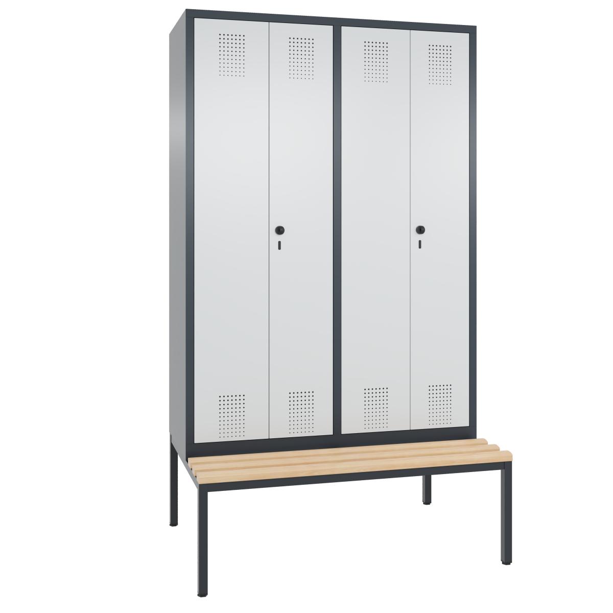 Spind nach Arbeitsstättenrichtlinien S3000 Evolo mit Sitzbankuntergestell - für 2 Personen 4x300mm Abteilbreite