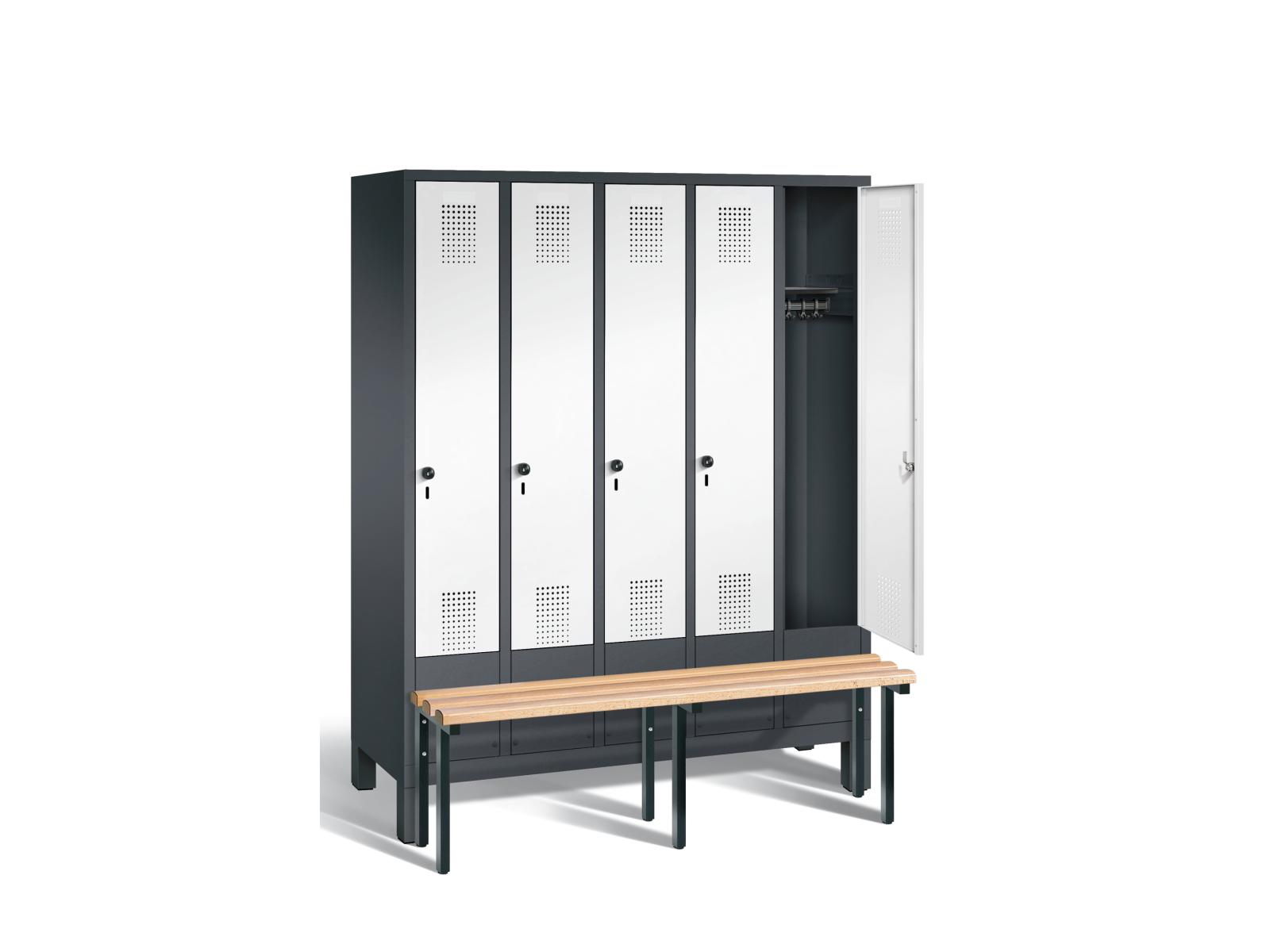 Spind S3000 Evolo mit vorgebauter Sitzbank - 5 Abteile 300mm Abteilbreite