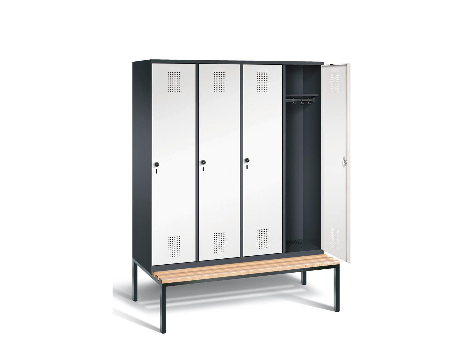 Spind S3000 Evolo mit Sitzbankuntergestell - 4 Abteile+ 400mm Abteilbreite