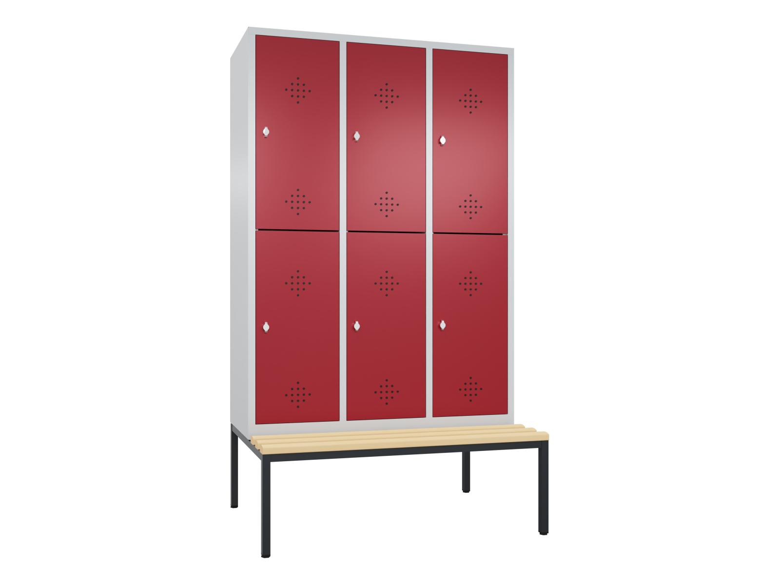 Spind doppelstöckig S2000 Classic mit Sitzbankuntergestell - 3 Abteile 400mm Abteilbreite