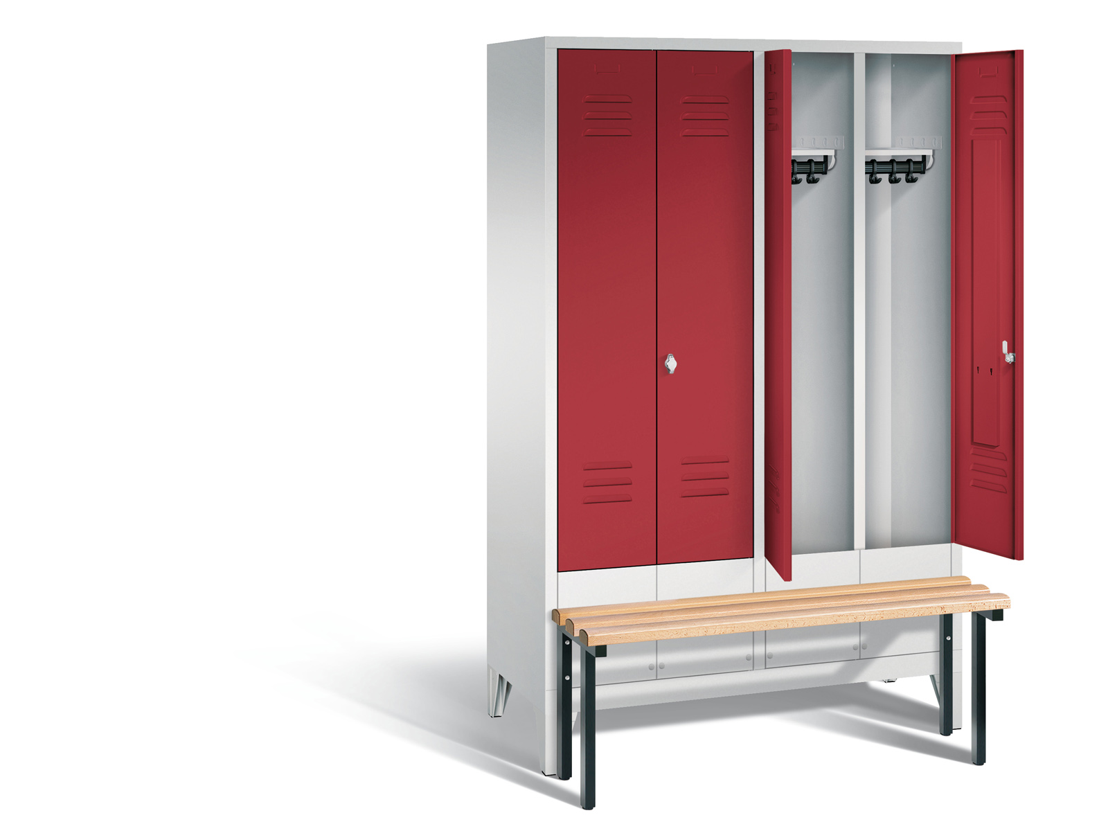 Spind nach Arbeitsstättenrichtlinien S2000 Classic mit vorgebauter Sitzbank- für 2 Person 4x300mm Abteilbreite