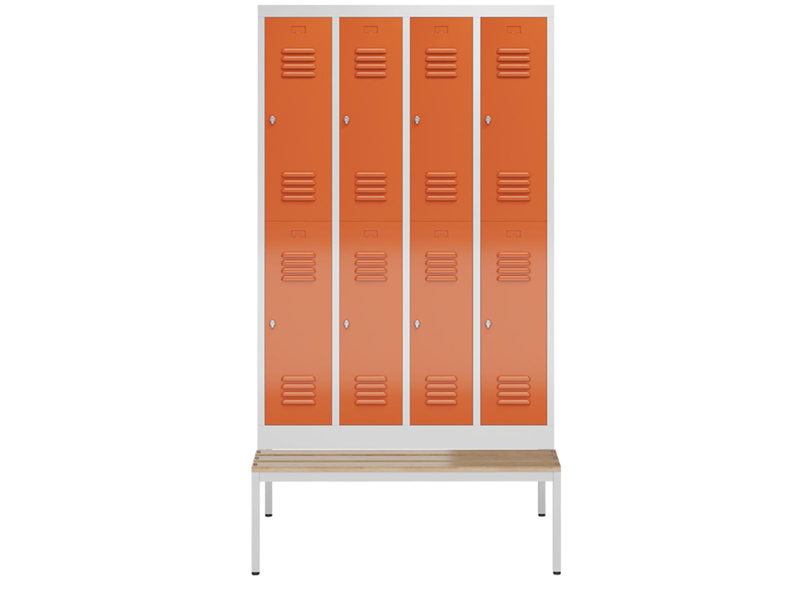 Spind Serie Spindmax® Spind doppelstöckig mit Sitzbankuntergestell - 4 Abteile 300mm Abteilbreite