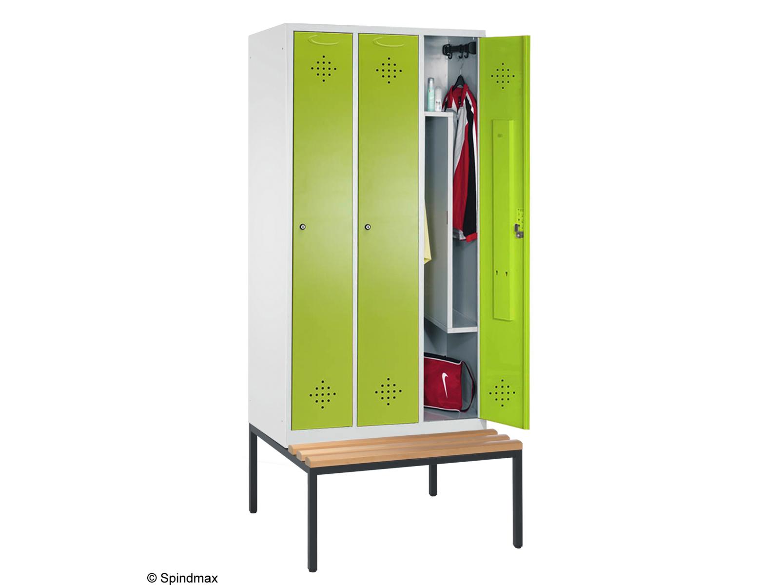 Spind Grüne Linie mit Sitzbankuntergestell - mit Z-Inneneinteilung -3 Abteile 400mm Abteilbreite