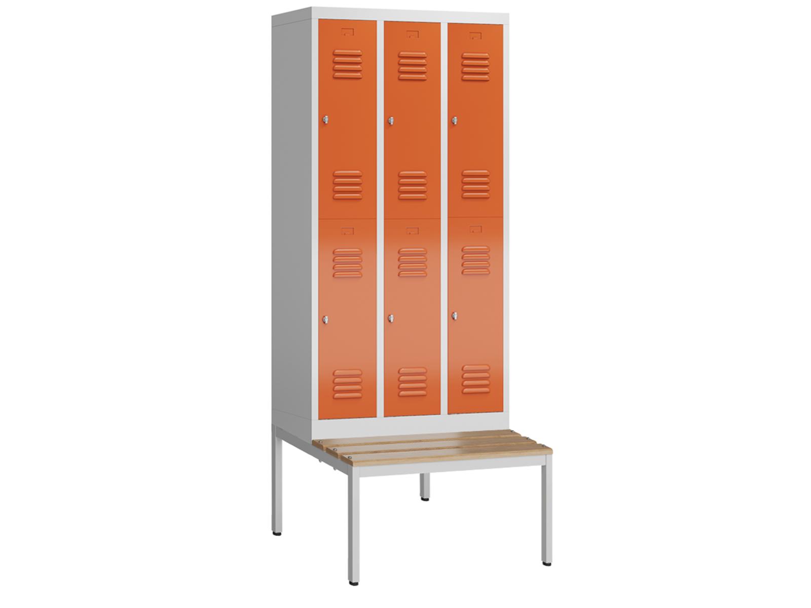 Spind Serie Spindmax® Spind doppelstöckig mit Sitzbankuntergestell - 3 Abteile 300mm Abteilbreite