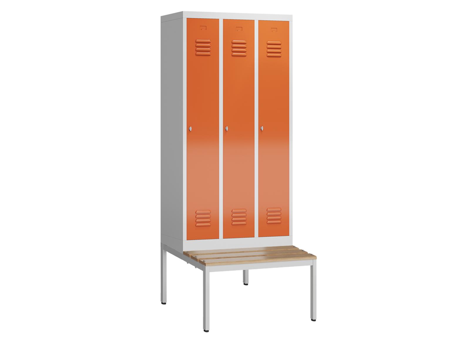 Spind Serie Spindmax® mit Sitzbankuntergestell - 3 Abteile 300mm Abteilbreite