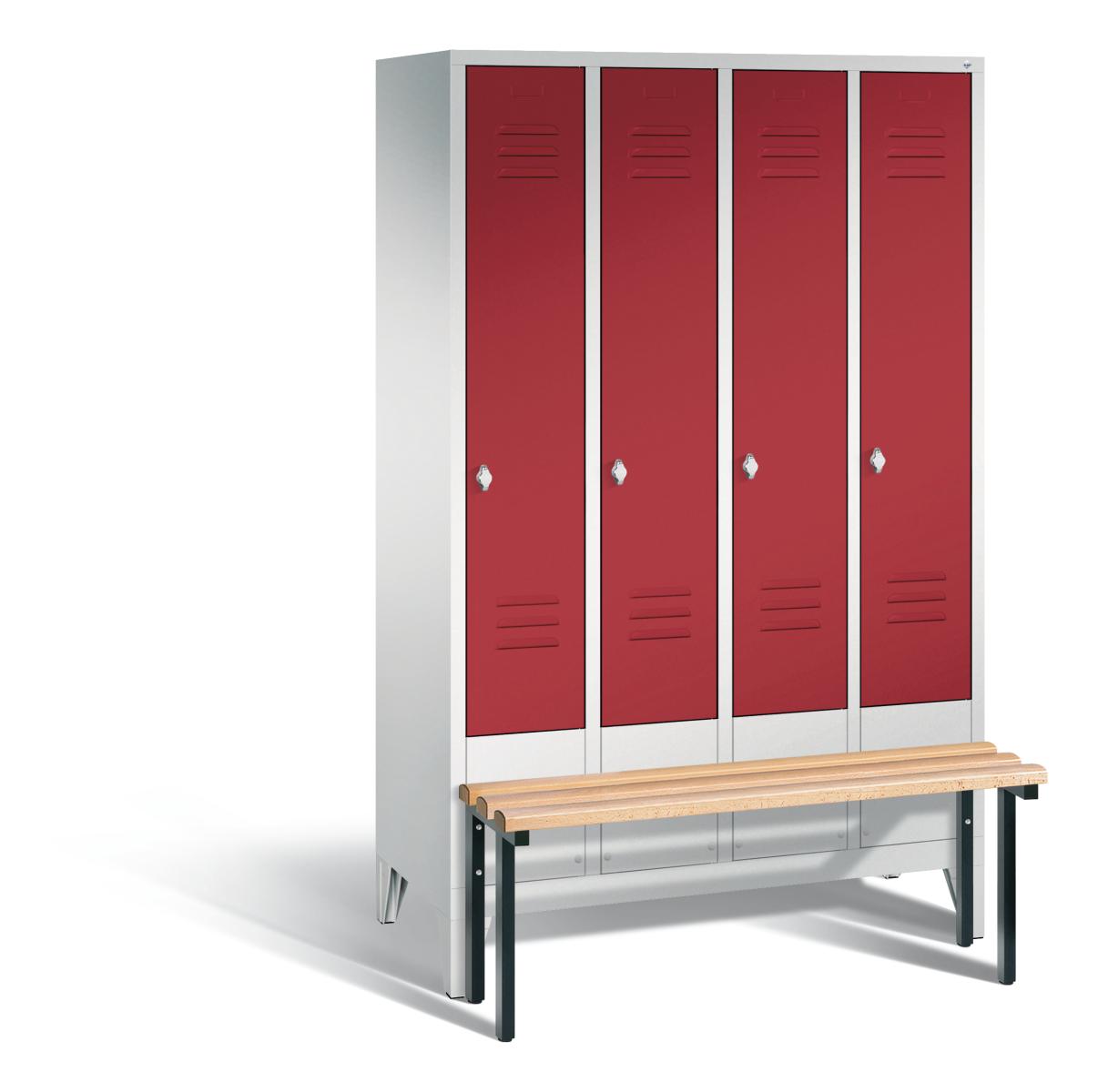 Spind S2000 Classic mit vorgebauter Sitzbank - 4 Abteile 300mm Abteilbreite