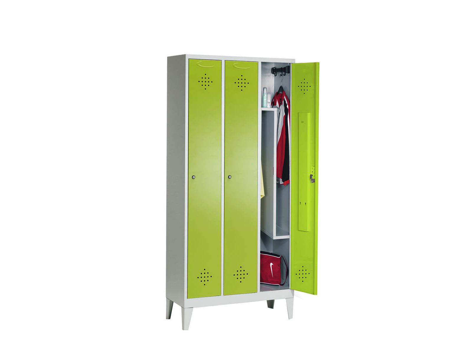 Spind Grüne Linie mit Füßen - 3 Abteile 400mm Abteilbreite mit Z-Inneneinteilung