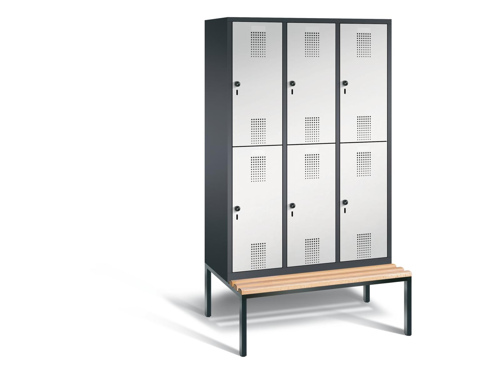 Spind doppelstöckig S3000 Evolo mit Sitzbankuntergestell - 3 Abteile 400mm Abteilbreite