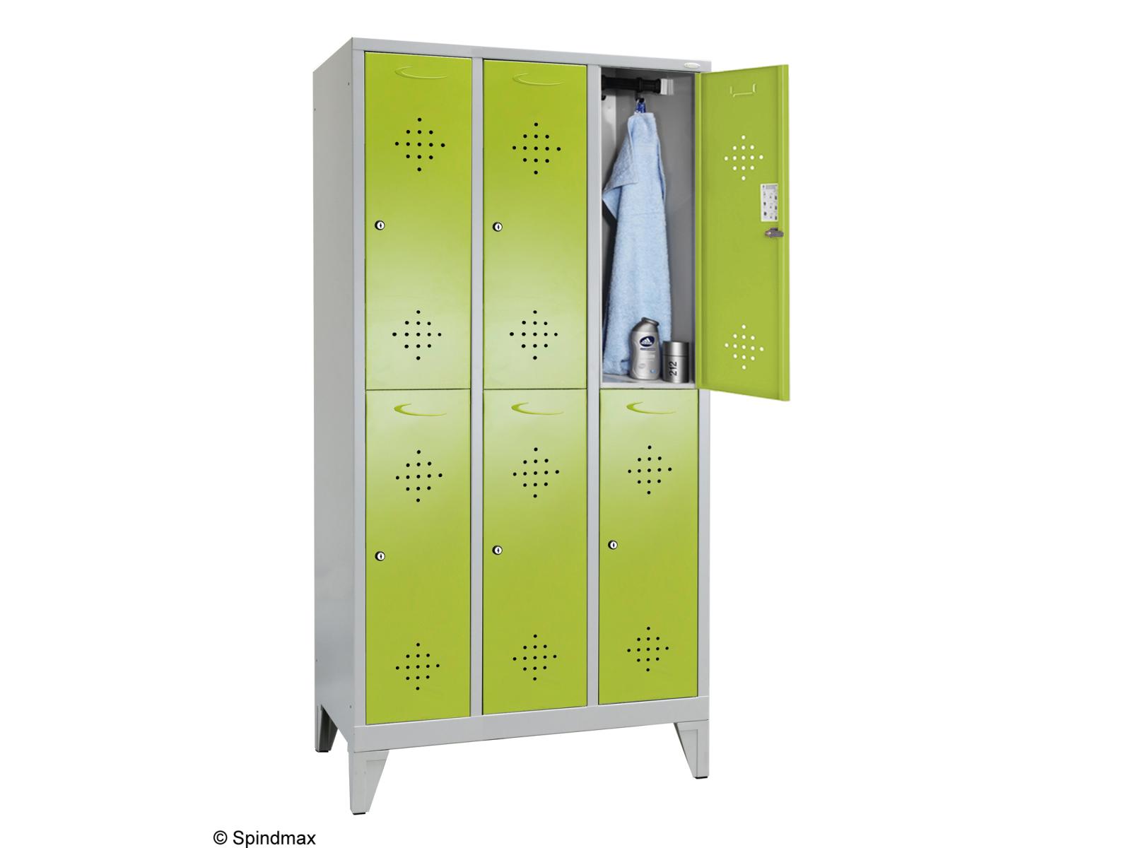 Spind doppelstöckig Grüne Linie mit Füßen - 3 Abteile 300mm Abteilbreite
