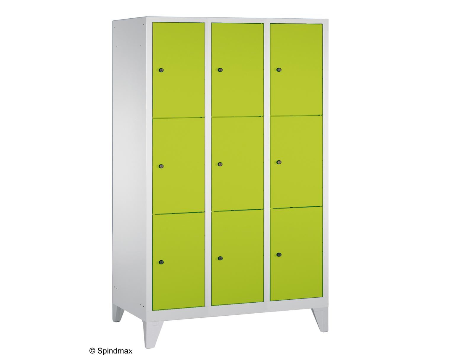 Schließfachschrank Grüne Linie mit Füßen - drei Fächer übereinander - 3 Abteile 400mm Abteilbreite