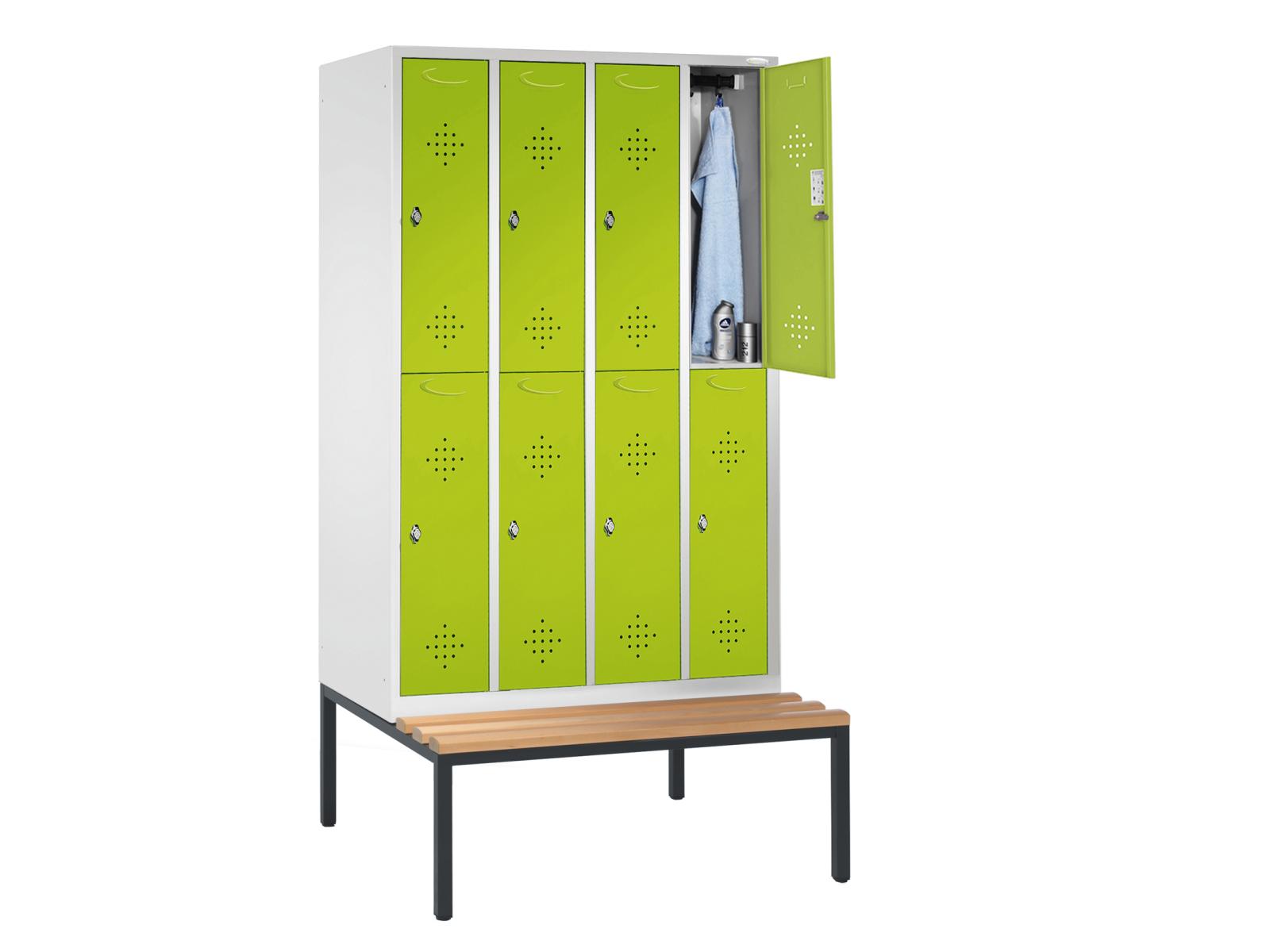 Spind doppelstöckig Grüne Linie mit Sitzbankuntergestell - 4 Abteile 300mm Abteilbreite