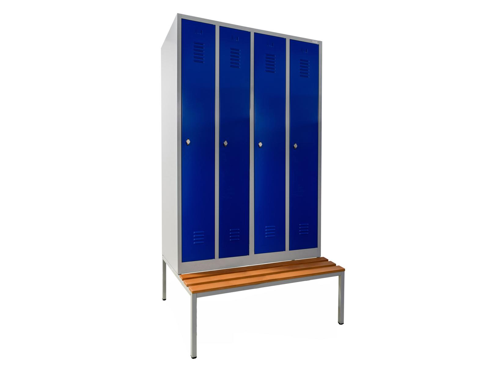 Spind Serie Ideal Spind mit Sitzbankuntergestell - 4 Abteile 300mm Abteilbreite