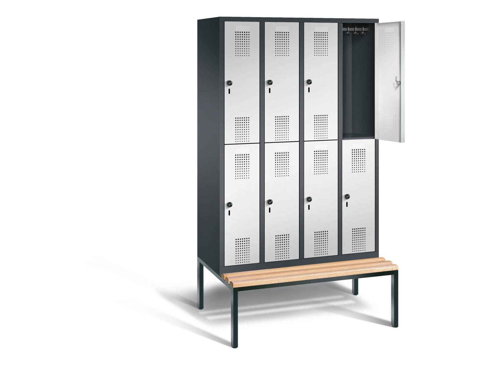 Spind doppelstöckig S3000 Evolo mit Sitzbankuntergestell - 4 Abteile 300mm Abteilbreite