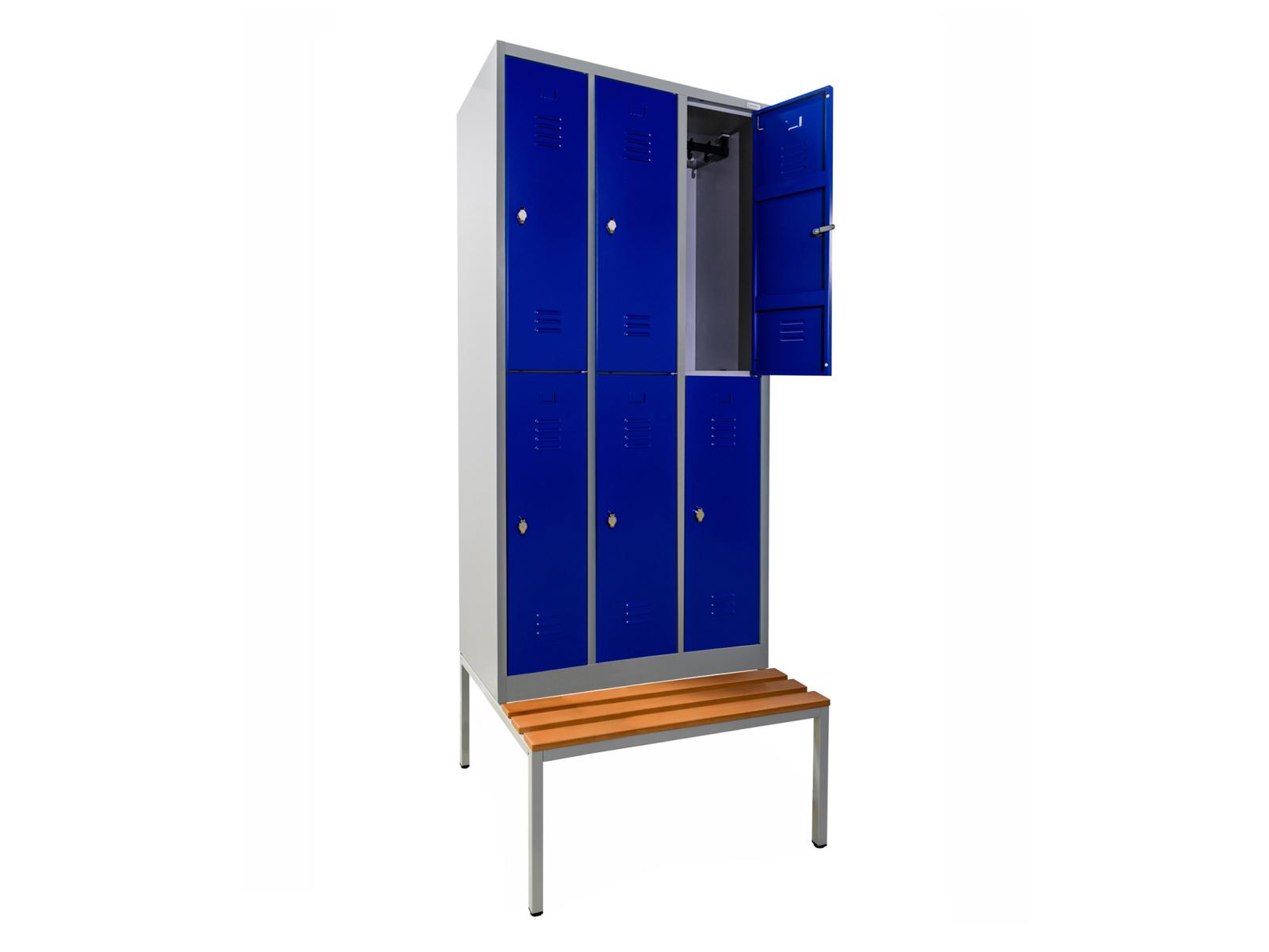 Spind Serie Ideal Spind doppelstöckig mit Sitzbankuntergestell - 3 Abteile 300mm Abteilbreite