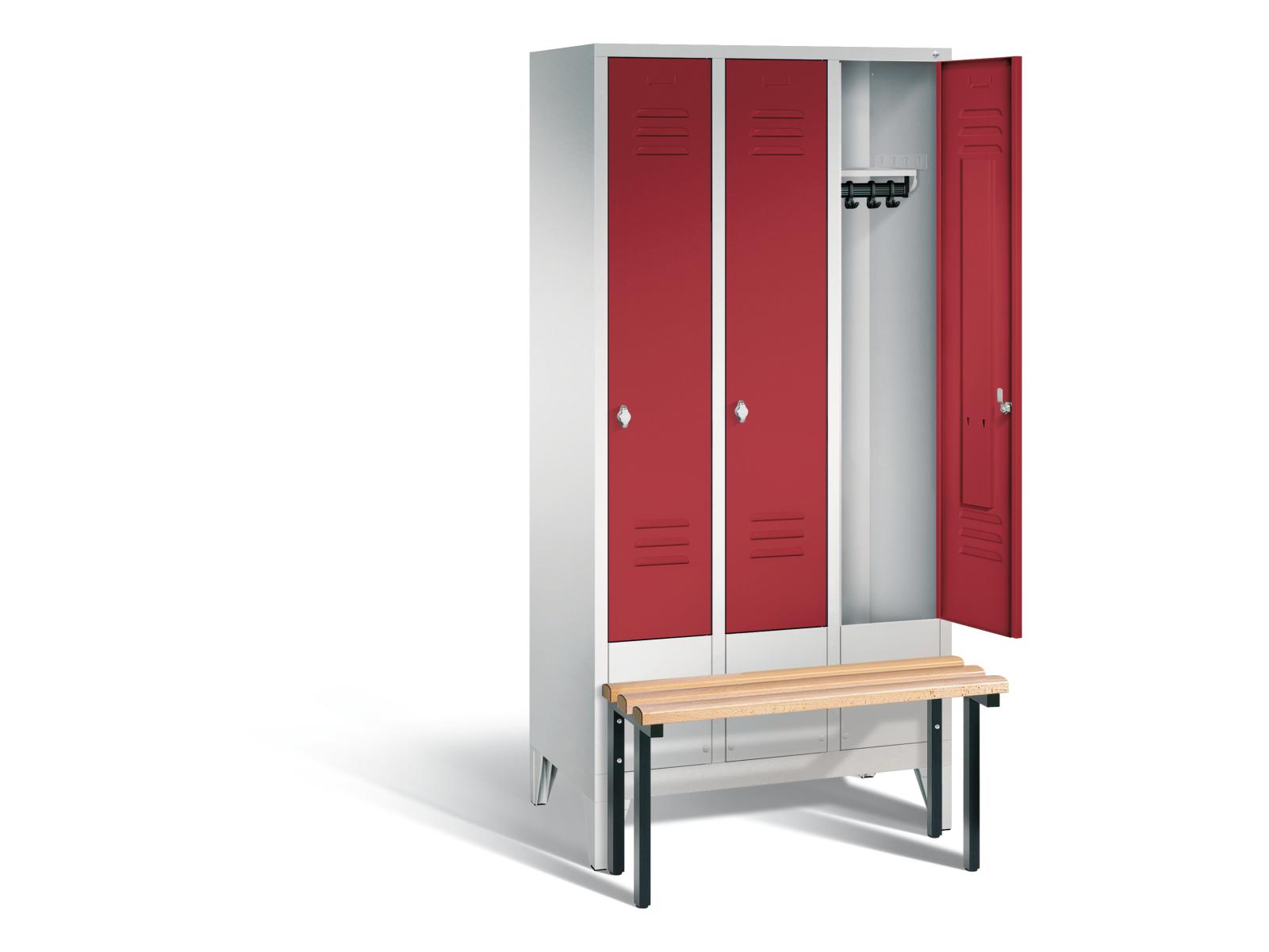 Spind S2000 Classic mit vorgebauter Sitzbank - 3 Abteile 300mm Abteilbreite