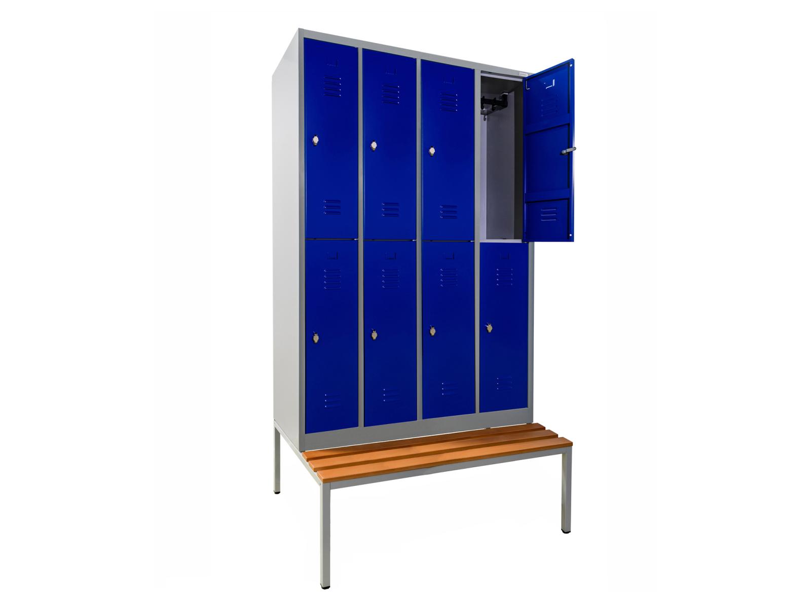 Spind Serie Ideal Spind doppelstöckig mit Sitzbankuntergestell - 4 Abteile 300mm Abteilbreite