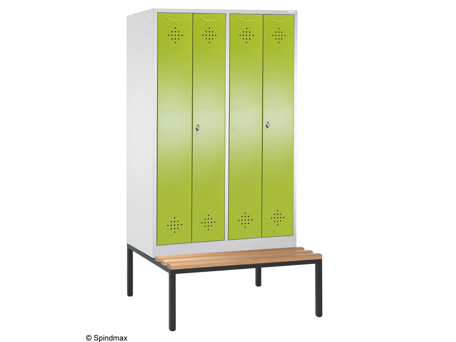 Spind nach Arbeitsstättenrichtlinien Grüne Linie mit Sitzbankuntergestell - Für 2 Person 4x400mm Abteilbreite