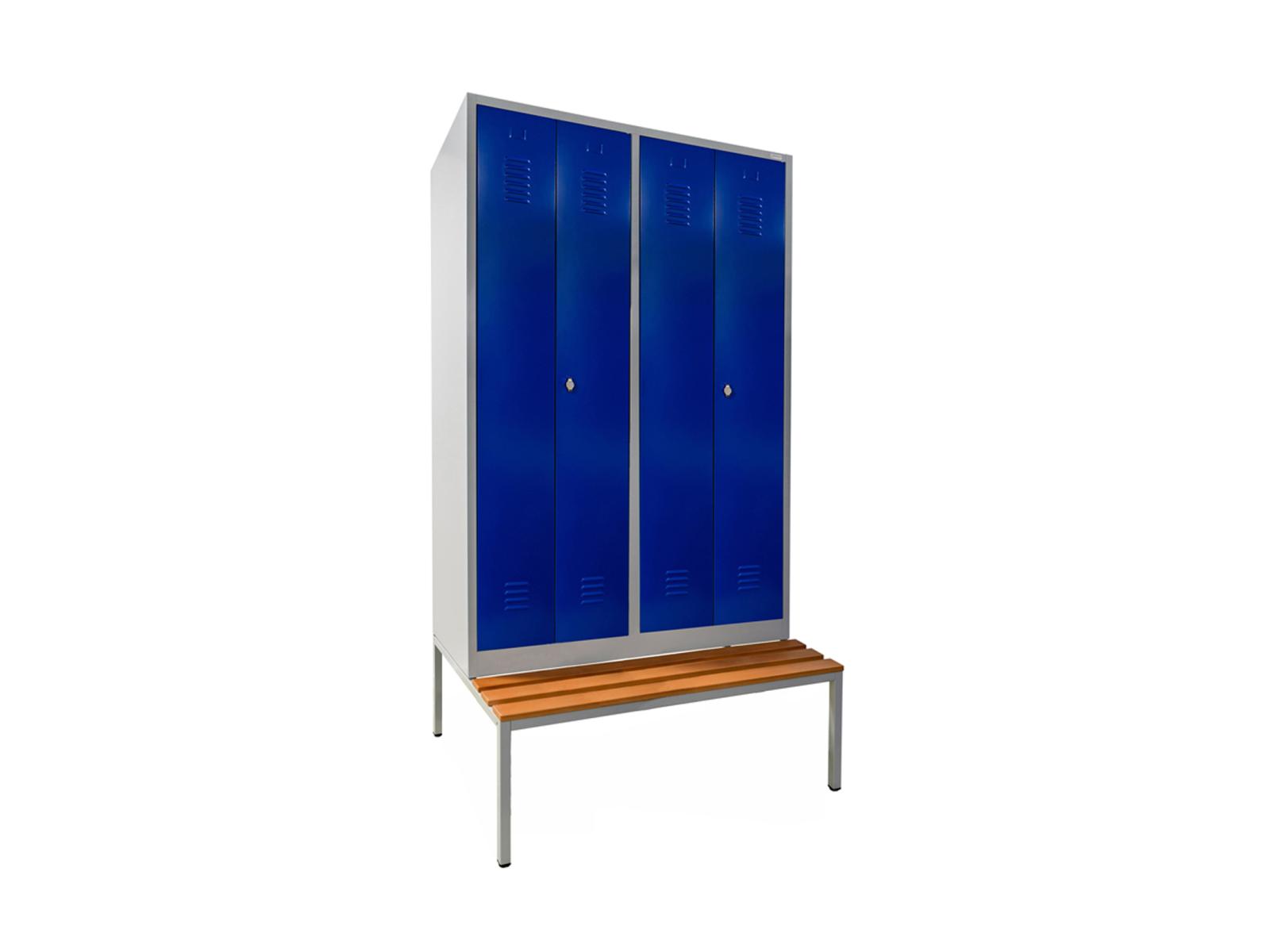 Spind Serie Ideal Spind nach Arbeitsstättenrichtlinien mit Sitzbankuntergestell - für 2 Personen 4x300mm Abteilbreite