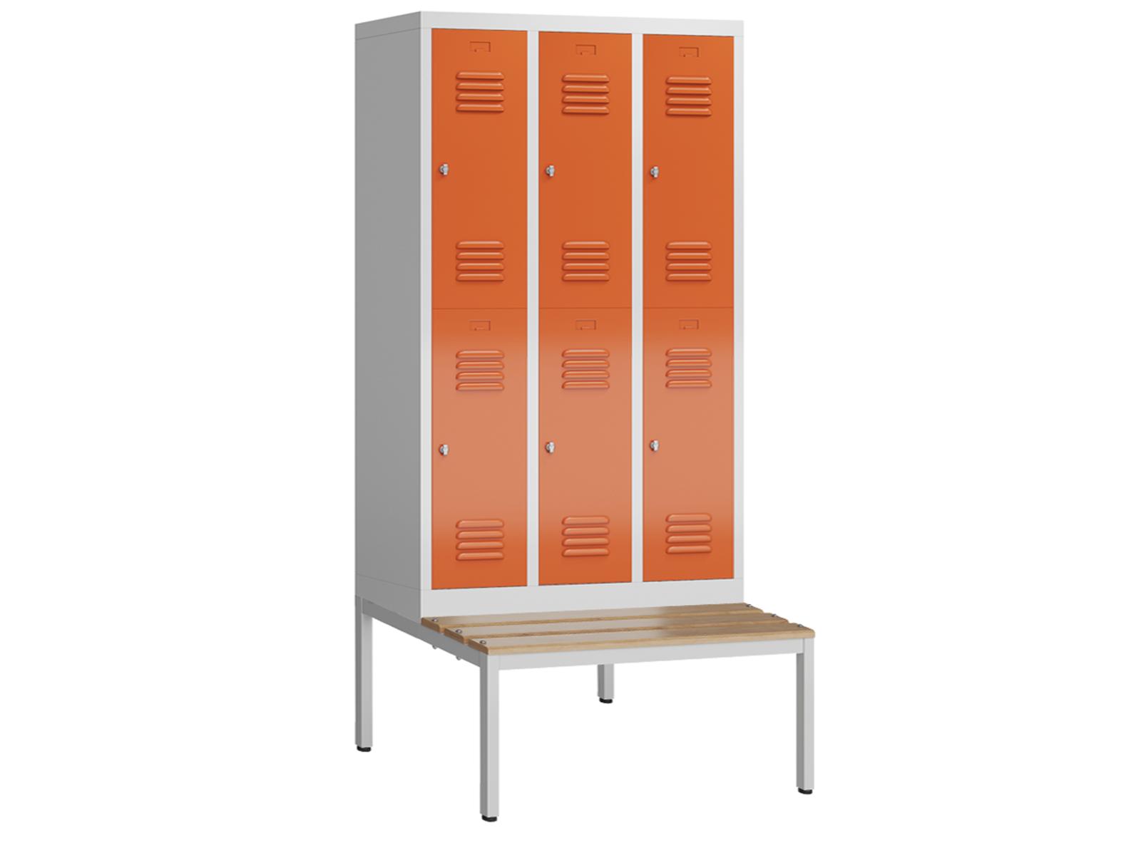 Spind Serie Spindmax® Spind doppelstöckig mit Sitzbankuntergestell - 3 Abteile 400mm Abteilbreite