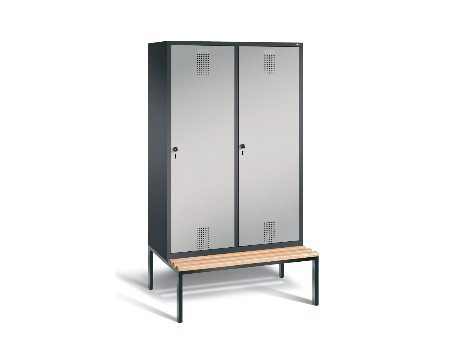 Spind nach Arbeitsstättenrichtlinien S3000 Evolo mit Sitzbankuntergestell - für 2 Personen 4x300mm Abteilbreite