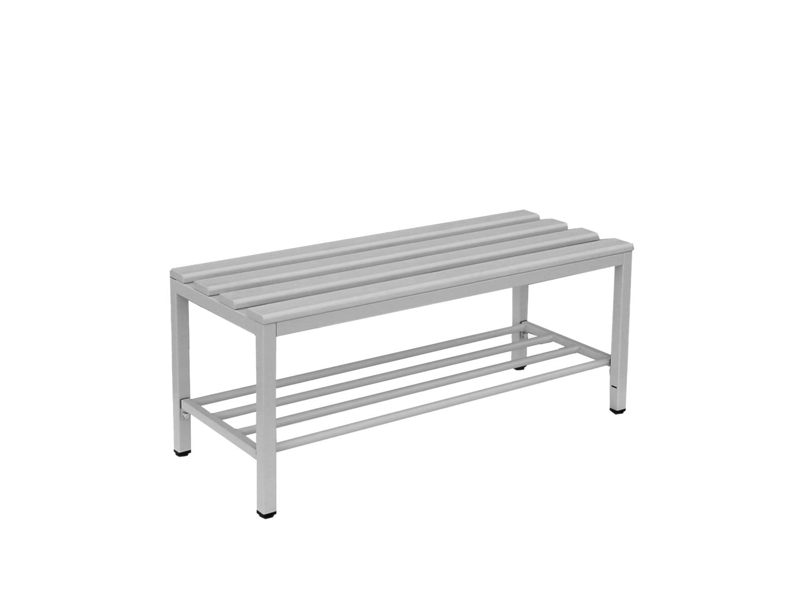 Sitzbank Ideal freistehend mit Kunststoffleisten - 2000mm breit mit Schuhrost