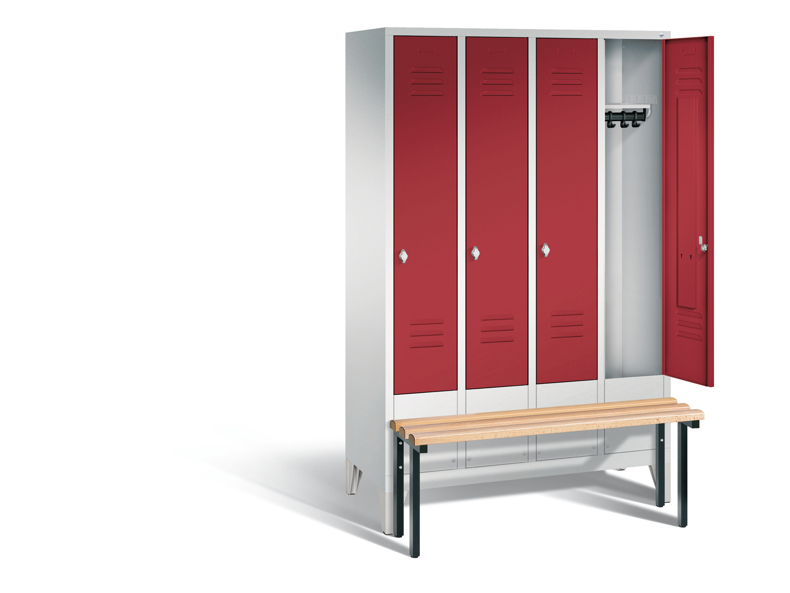 Spind S2000 Classic mit vorgebauter Sitzbank - 4 Abteile 300mm Abteilbreite