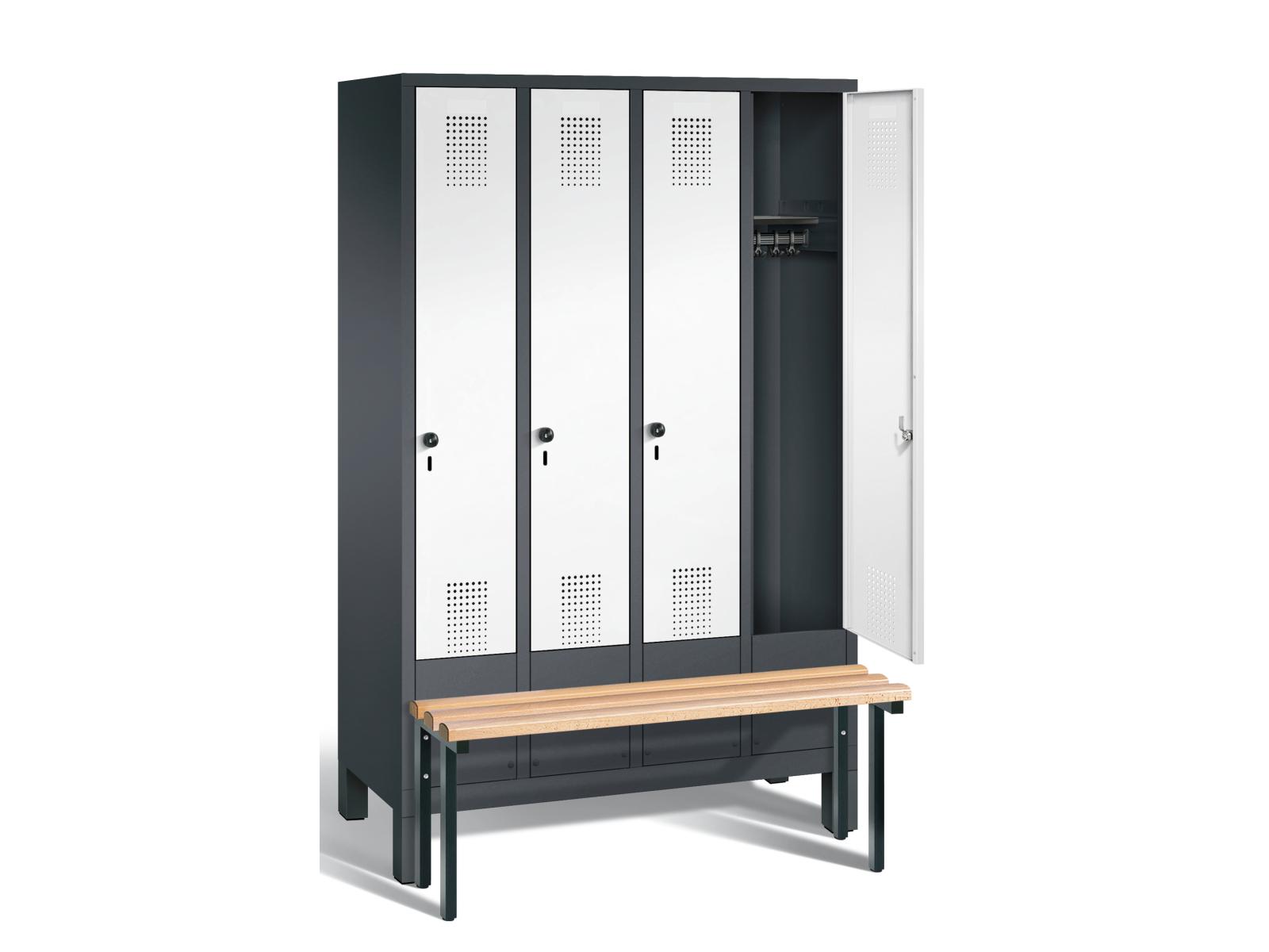 Spind S3000 Evolo mit vorgebauter Sitzbank - 4 Abteile 300mm Abteilbreite