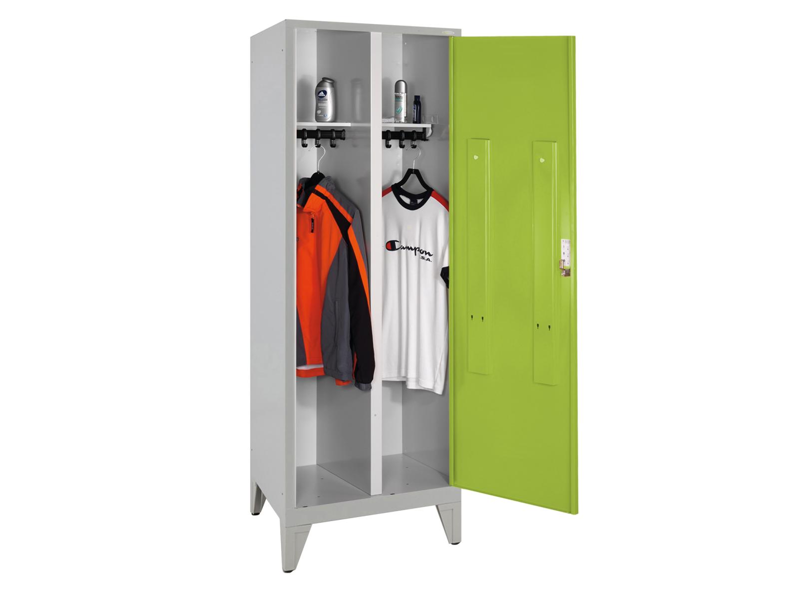 Spind nach Arbeitsstättenrichtlinien Grüne Linie mit Füßen - für 1 Person 2x300mm Abteilbreite