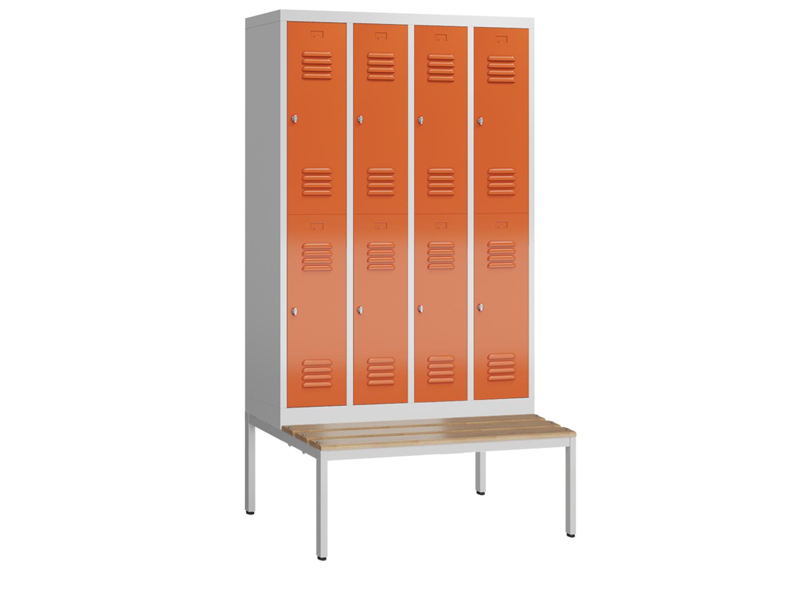 Spind Serie Spindmax® Spind doppelstöckig mit Sitzbankuntergestell - 4 Abteile 300mm Abteilbreite