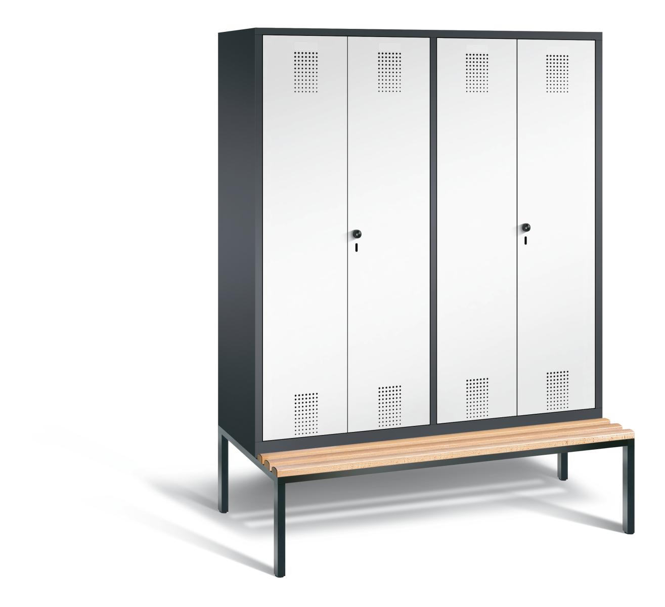 Spind nach Arbeitsstättenrichtlinien S3000 Evolo mit Sitzbankuntergestell - für 2 Personen 4x400mm Abteilbreite
