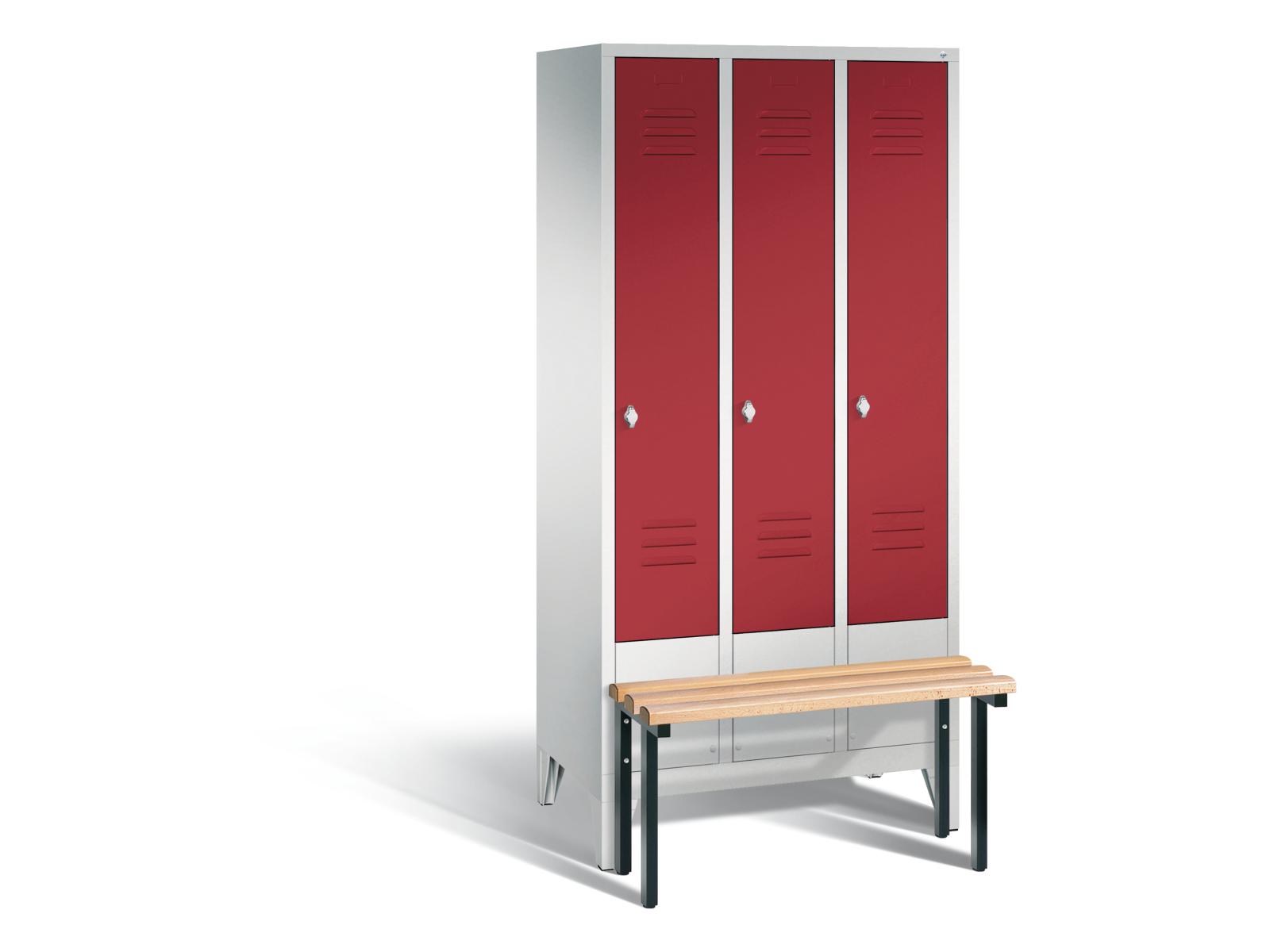 Spind S2000 Classic mit vorgebauter Sitzbank - 3 Abteile 300mm Abteilbreite