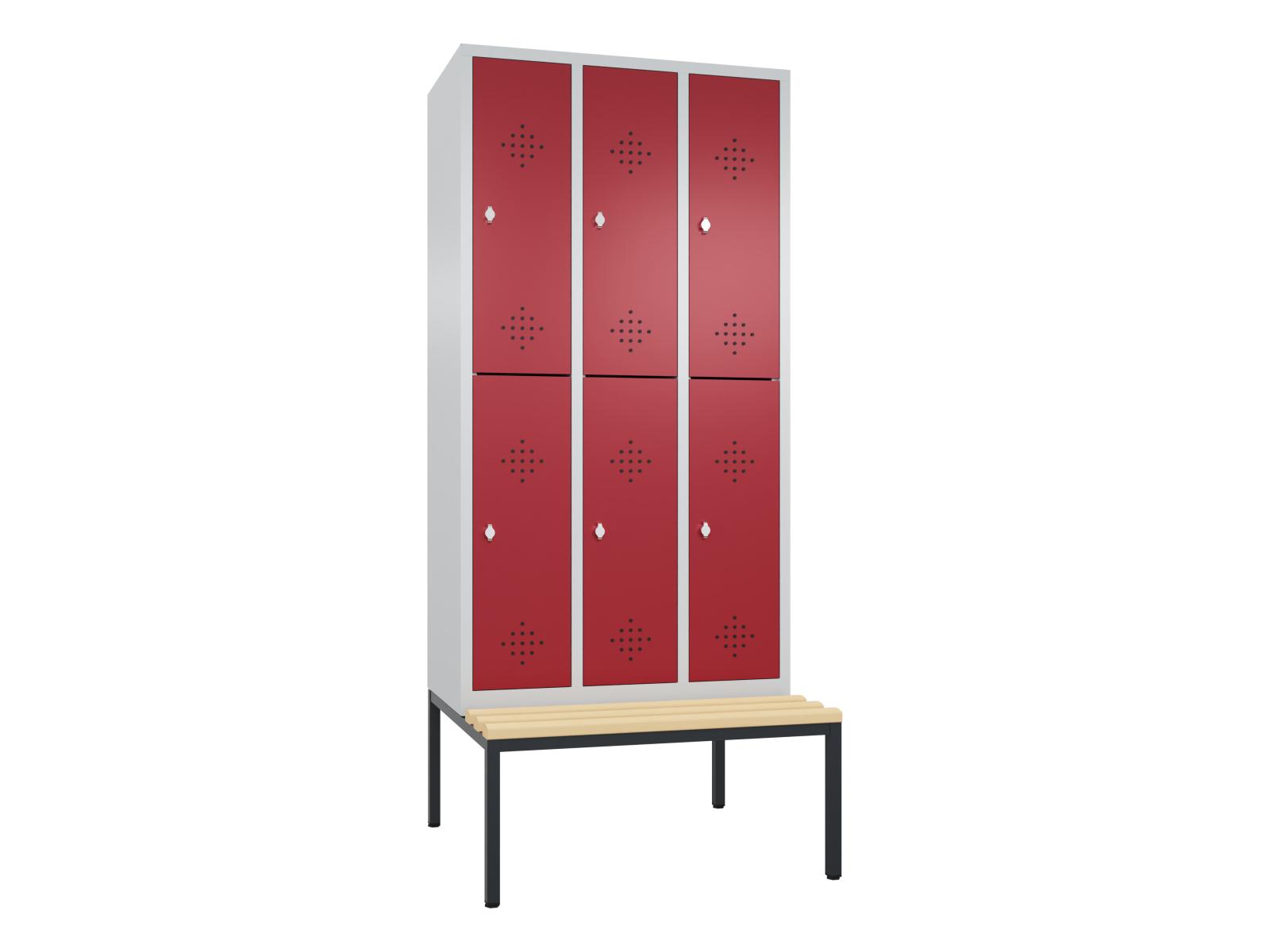 Spind doppelstöckig S2000 Classic mit Sitzbankuntergestell - 3 Abteile 300mm Abteilbreite