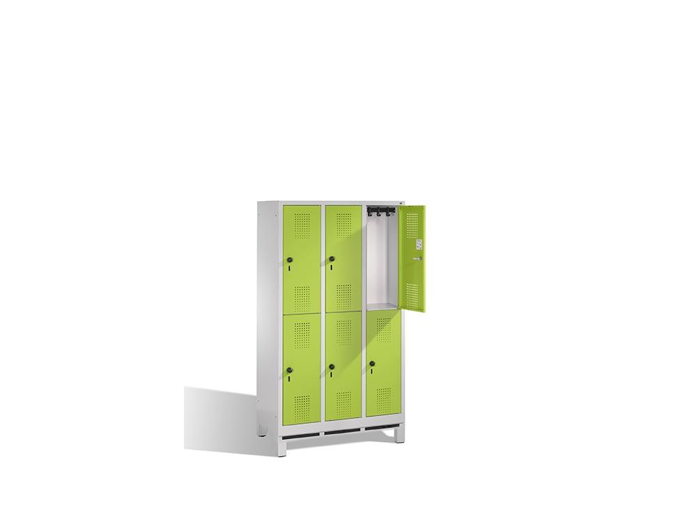 Spind Leon - Garderobenschrank unterteilt für Grundschulen mit Füßen - 3 Abteile / 6 Fächer