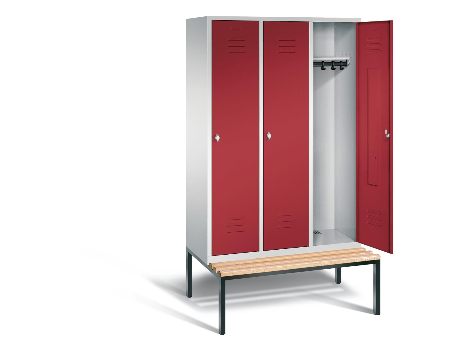 Spind S2000 Classic mit Sitzbankuntergestell - 3 Abteilen 400mm Abteilbreite