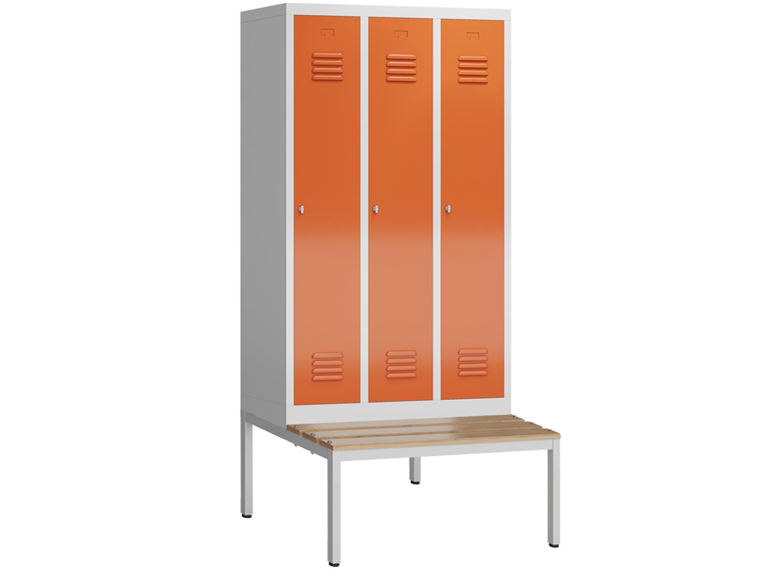 Spind Serie Spindmax® mit Sitzbankuntergestell - 3 Abteile 400mm Abteilbreite