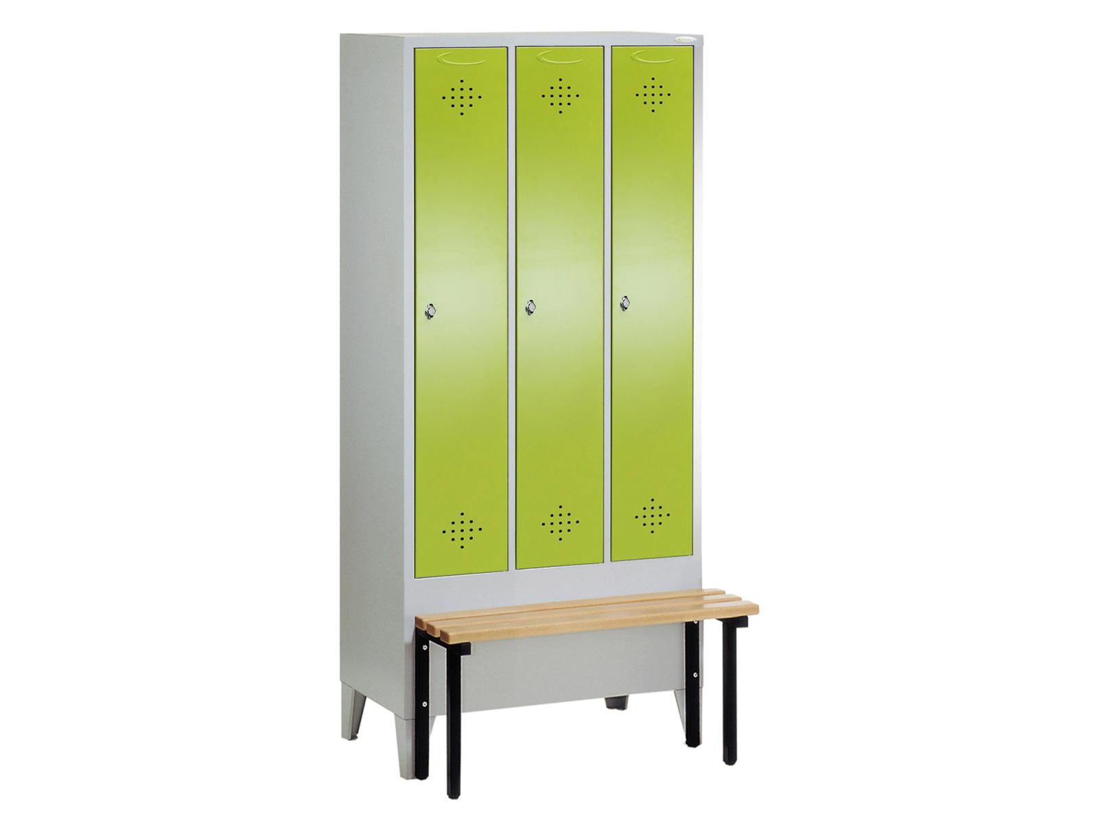 Spind Grüne Linie mit vorgebauter Sitzbank - 3 Abteile 400mm Abteilbreite