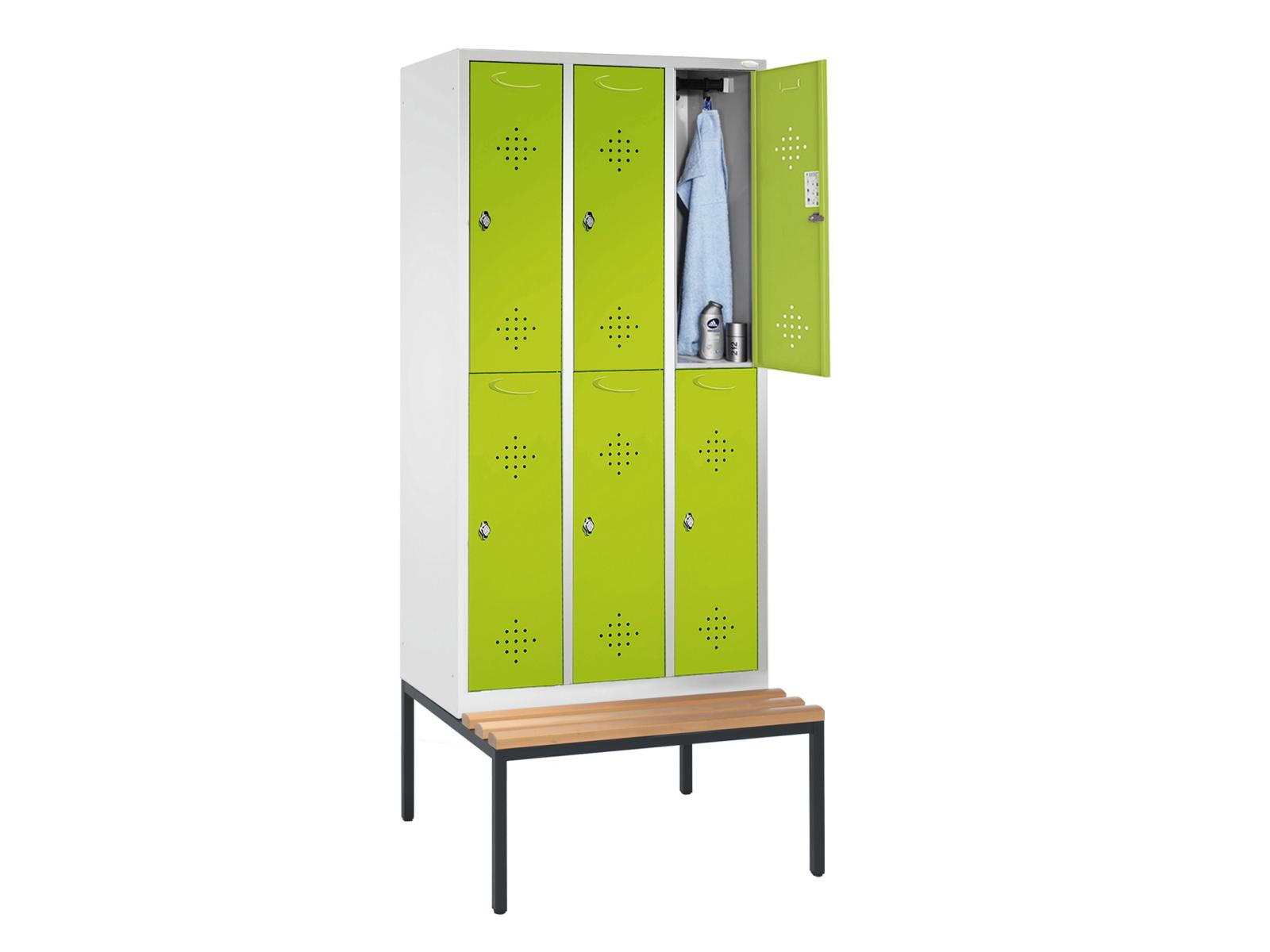 Spind doppelstöckig Grüne Linie mit Sitzbankuntergestell - 3 Abteile 400mm Abteilbreite