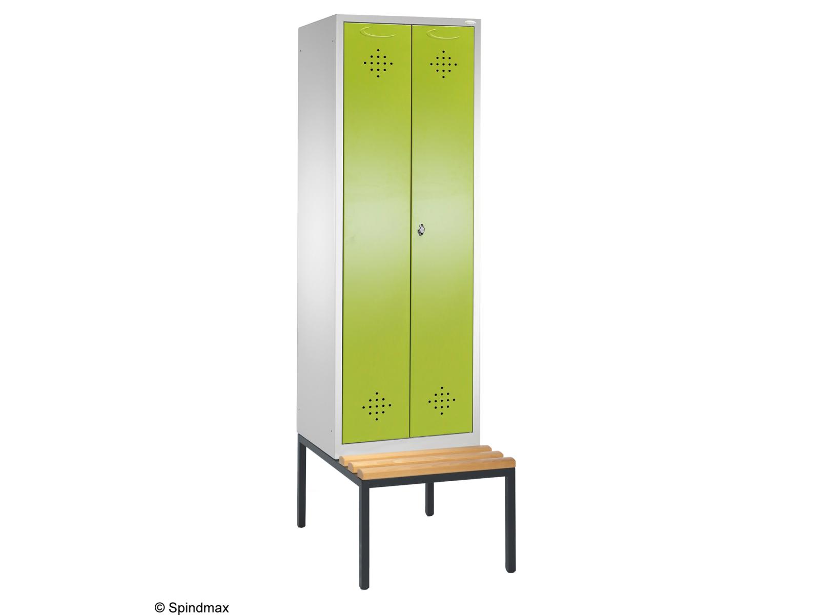 Spind nach Arbeitsstättenrichtlinien Grüne Linie mit Sitzbankuntergestell - Für 1 Person 2x300mm Abteilbreite