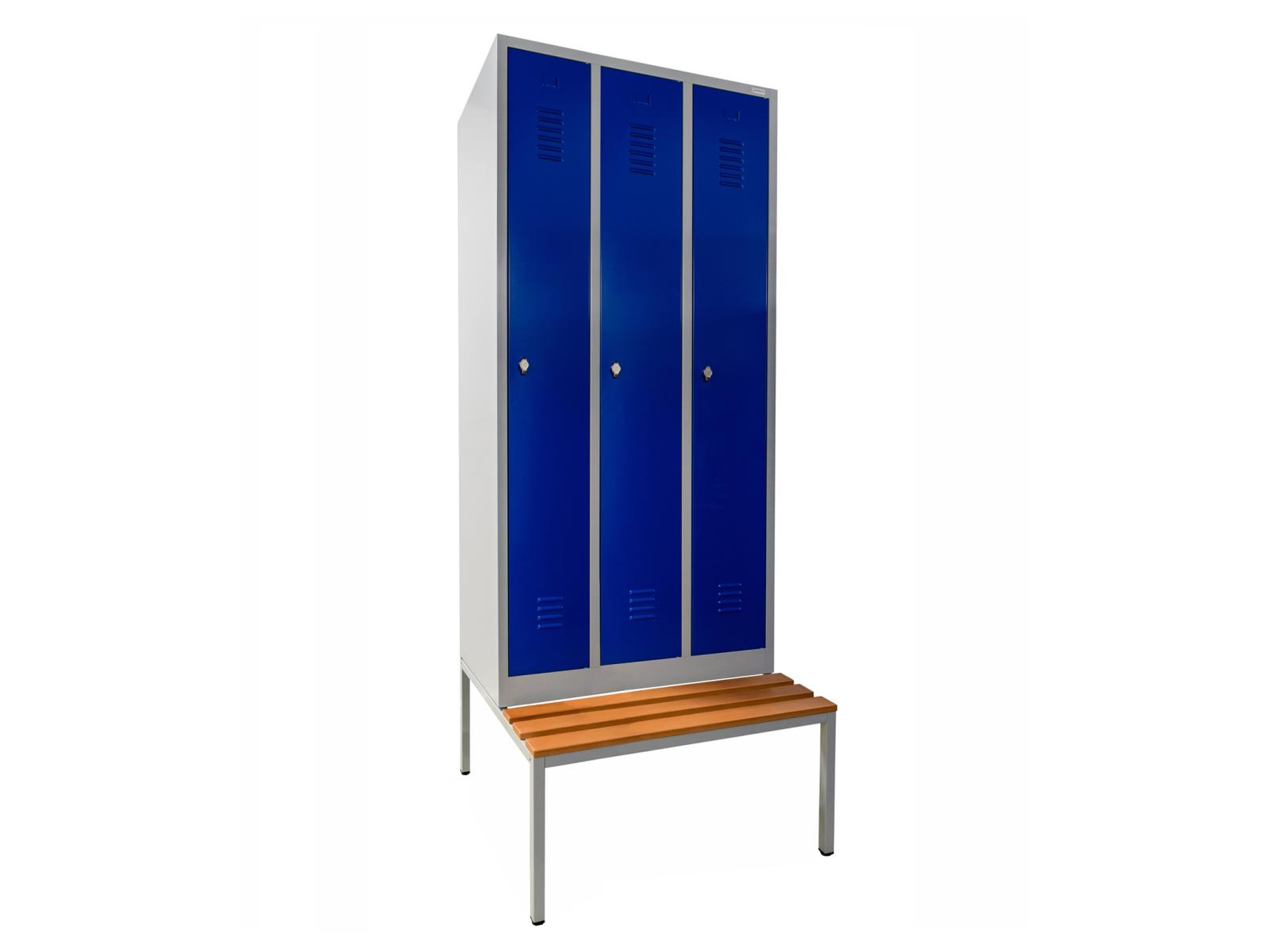 Spind Serie Ideal Spind mit Sitzbankuntergestell - 3 Abteile 300mm Abteilbreite