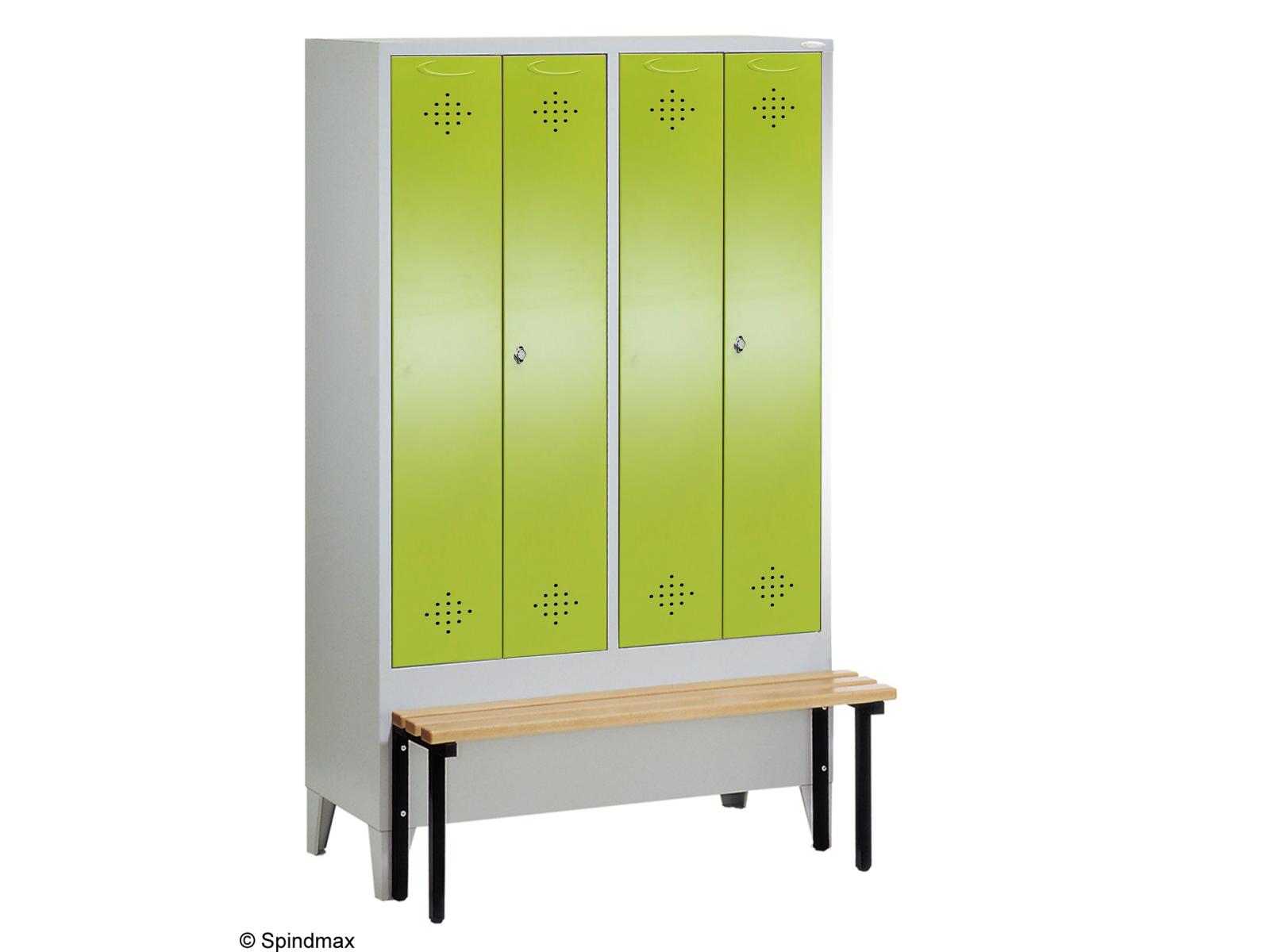 Spind nach Arbeitsstättenrichtlinien Grüne Linie mit vorgebauter Sitzbank- Für 2 Person 4x300mm Abteilbreite