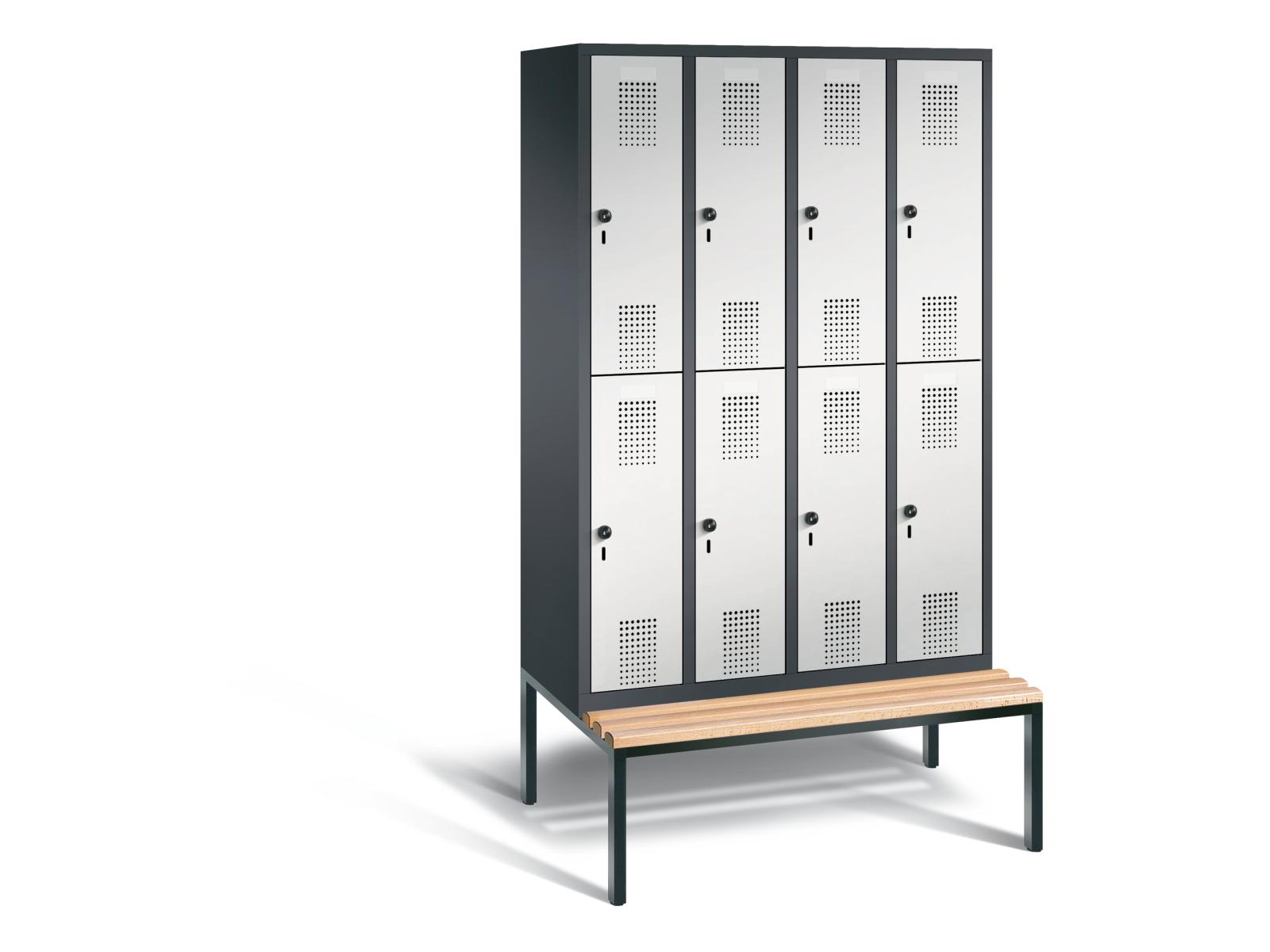 Spind doppelstöckig S3000 Evolo mit Sitzbankuntergestell - 4 Abteile 300mm Abteilbreite