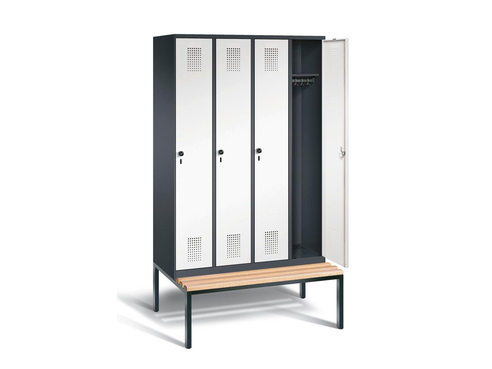 Spind S3000 Evolo mit Sitzbankuntergestell - 4 Abteile+ 300mm Abteilbreite